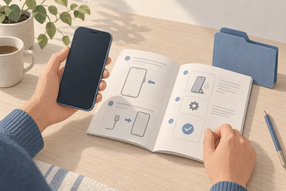 Ilustracja telefonu skanującego papierową instrukcję na blacie